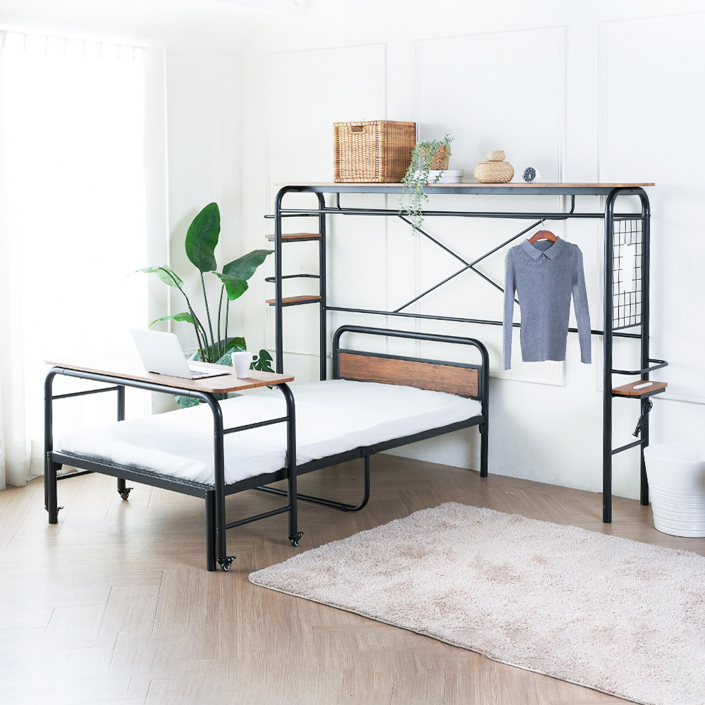 【DIY自行組裝】工業風多用途單人床架3件組(床架＋邊桌＋衣架)
